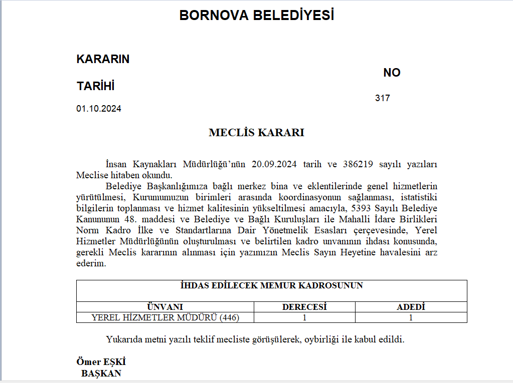 Bornova Yerel Hizmetler müdürü alım kararı